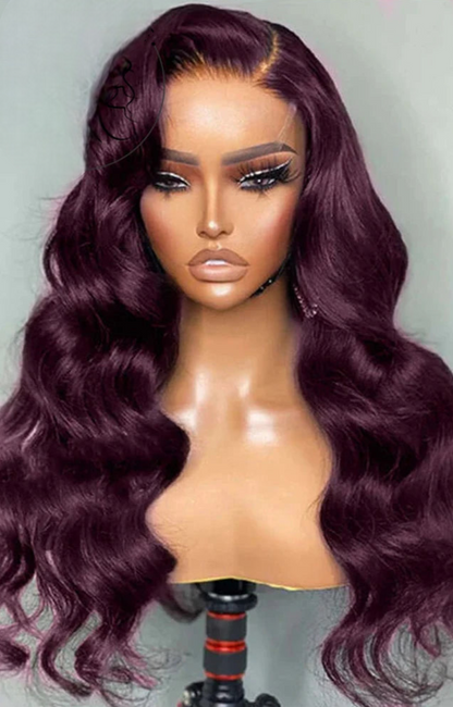 Deep Purple Body Wave Lace Front Wig – Dark Burgundy Glueless T-Part Synthetic Wig, Pre-Plucked Hairline, High-Quality, Affordable