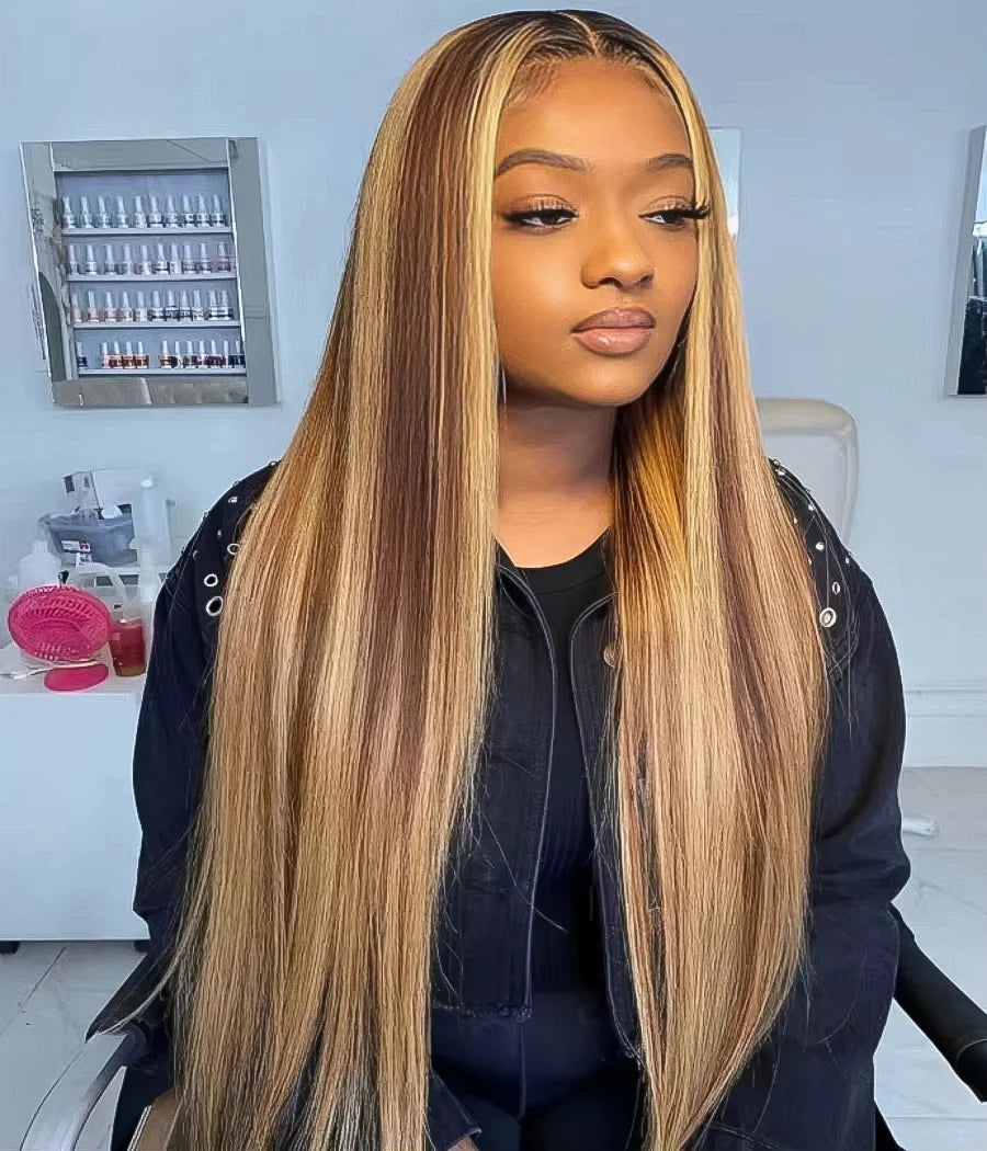 Premium 13x4 & 13x6 Lace Front Wig – 100% Natural Human Hair, Pre-Plucked, No Shedding, P4/27 Highlight, Free Shipping