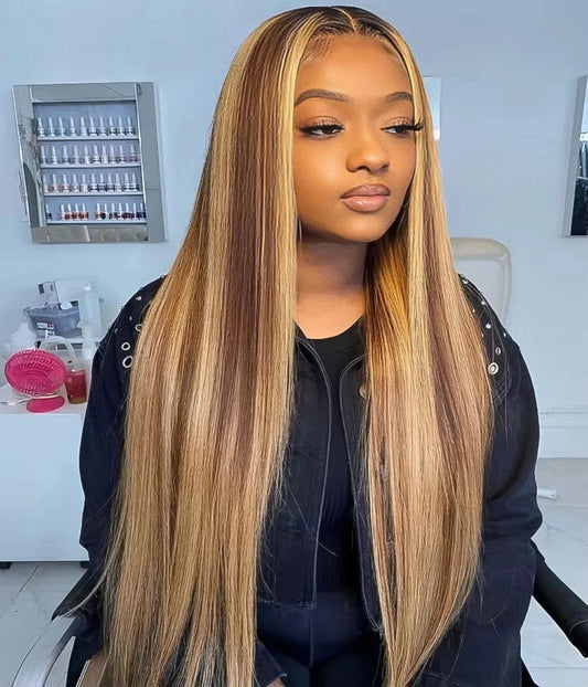 Premium 13x4 & 13x6 Lace Front Wig – 100% Natural Human Hair, Pre-Plucked, No Shedding, P4/27 Highlight, Free Shipping