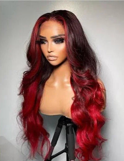 Ombre Red Lace Front Wig – Long Wavy Heat-Resistant Synthetic Hair for Black Women