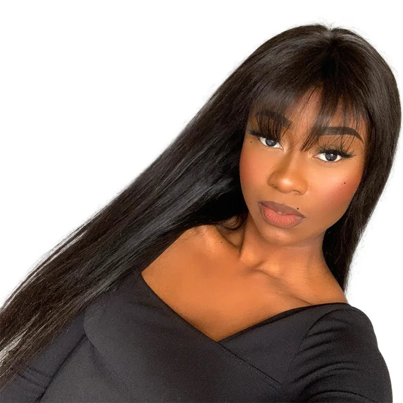 Straight Human Hair Wig with Bangs – 13x4 Lace Front & 5x5 Lace Closure, HD Transparent Lace, 180% Density, Pre-Plucked, Ready to Wear