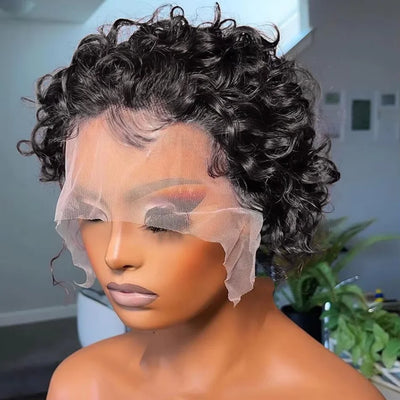 Short Curly Brazilian Human Hair Wig – 100% Remy Hair with Transparent Lace