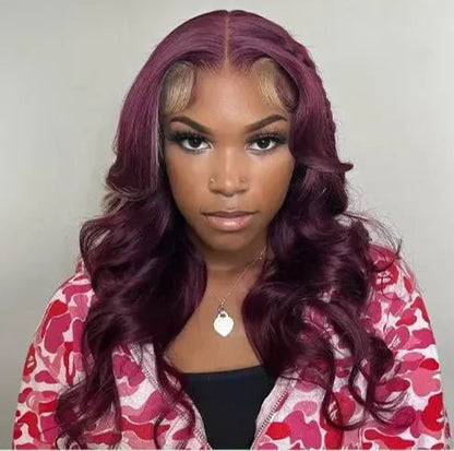 Deep Purple Body Wave Lace Front Wig – Dark Burgundy Glueless T-Part Synthetic Wig, Pre-Plucked Hairline, High-Quality, Affordable