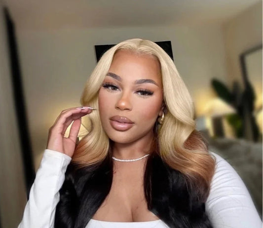 Chocolate Brown & Blonde Highlight Body Wave Synthetic Lace Front Wig – 180% Density, Heat-Resistant, Pre-Plucked