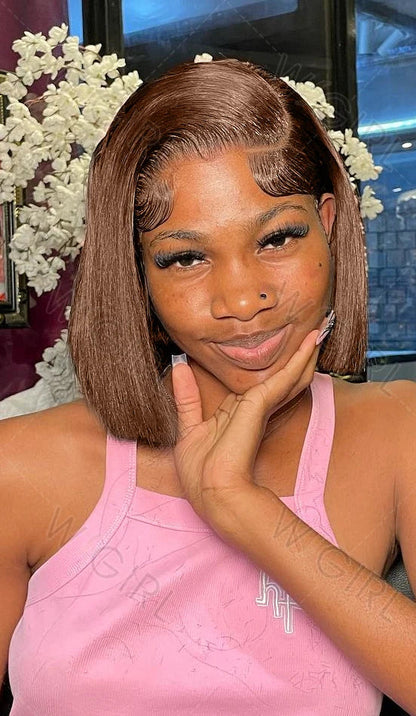 Short Straight Bob Wig – 100% Human Hair, Transparent Swiss Lace, Natural Look