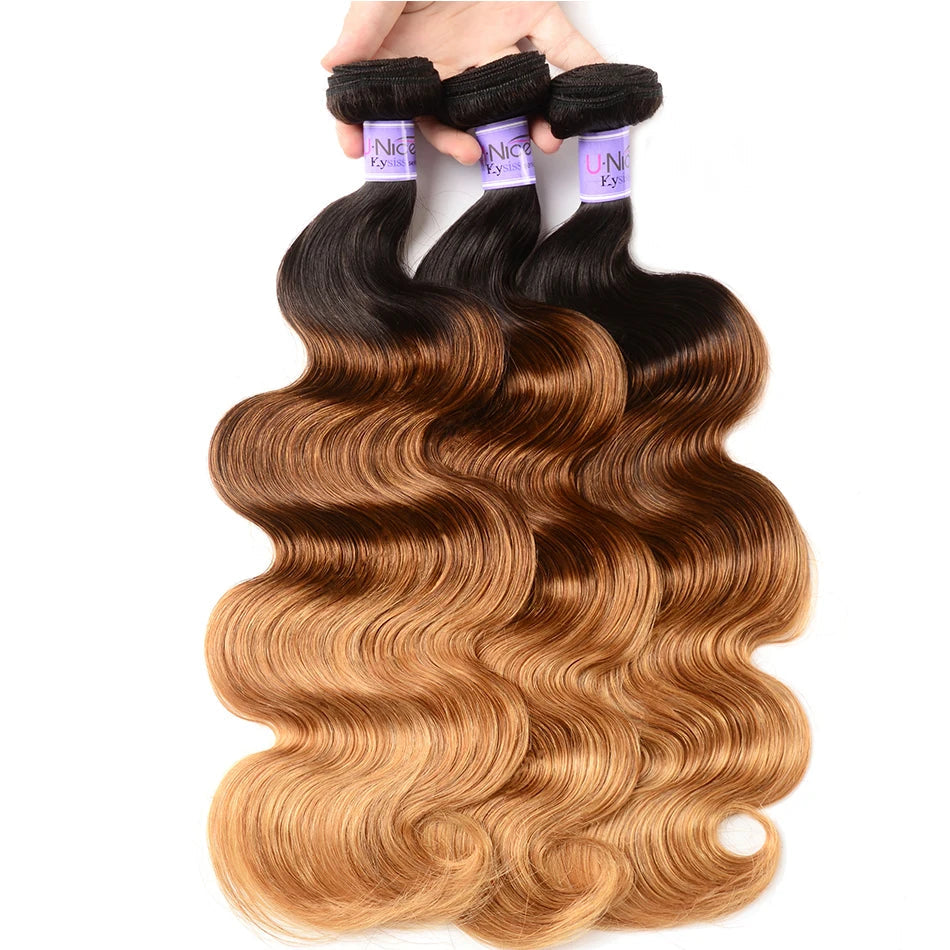 UNice Kysiss Ombre Body Wave Hair Bundles – 3 Tone Blonde T1B/4/27, Virgin Human Hair Weave