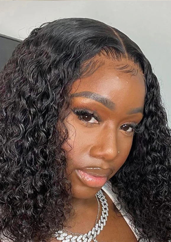 Deep Wave Curly Short Bob Wig – 100% Human Hair, Pre-Plucked Lace, 180%-200% Density, Natural Black