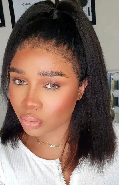 Kinky Straight Bob Wig with Pre-Plucked 4C Edges – 100% Hair, 4x4/13x4 Lace Frontal, Natural Black