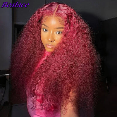 Premium Burgundy Curly Lace Front Wig – 100% Brazilian Remy Hair, 13x4/13x6 Lace, 26+ Inches, 180%-200% Density