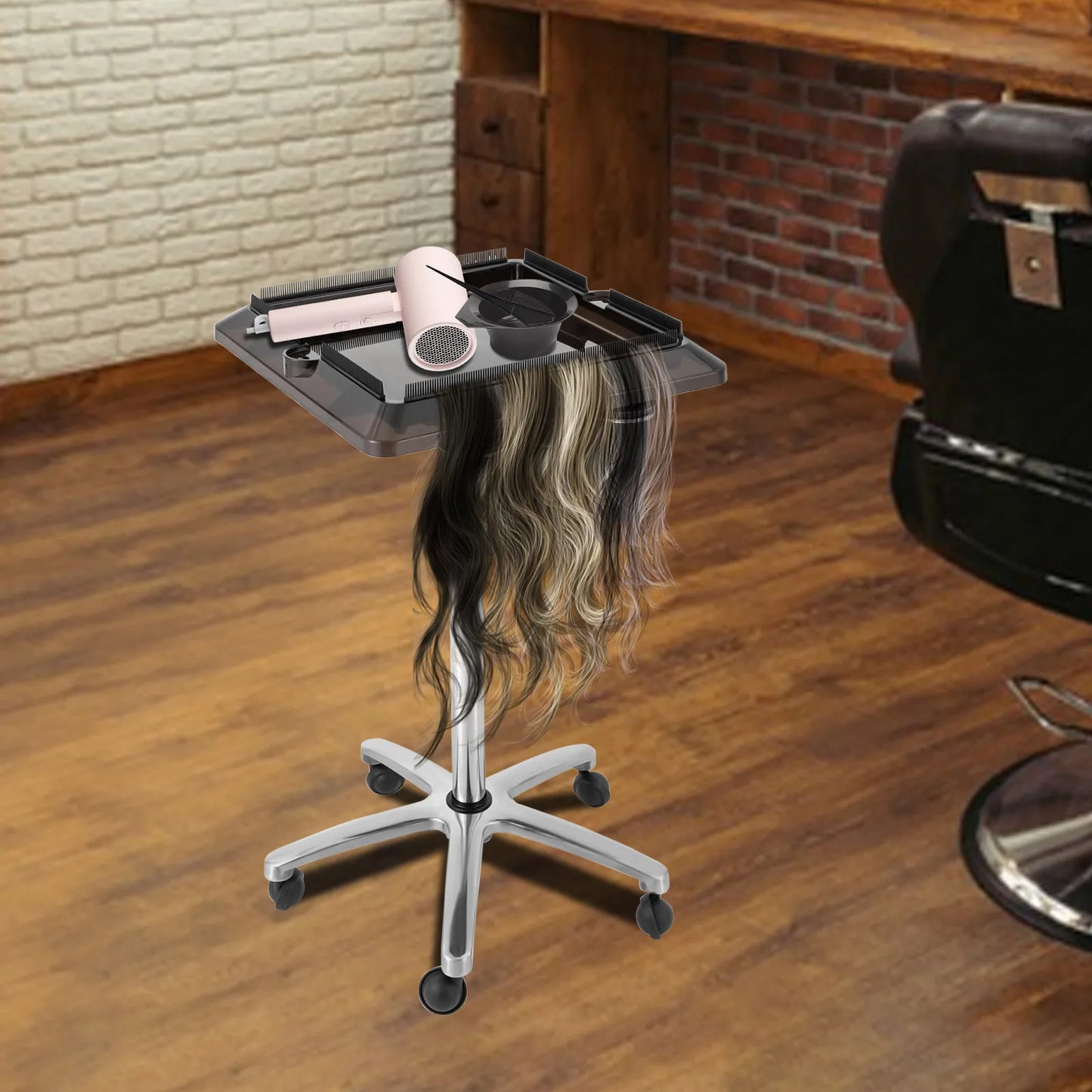 Adjustable Rolling Salon Tray Cart with 3 Storage Buckets & Universal Wheels for Hair Tools | Modern Mobile Cart