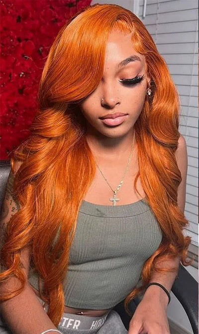 26+ Inch Orange Ginger Body Wave Lace Front Wig | Pre-Plucked, 180%-200% Density, Human Hair