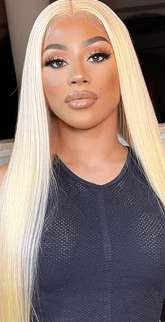 28 Inches Lightest Blonde Long Straight Synthetic Lace Front Wig - 613 Blonde Silky Straight Wig for Party & Cosplay