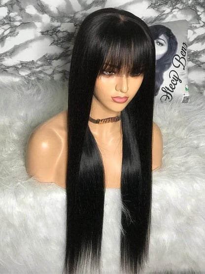 Premium Straight Human Hair Wig with Bangs – Transparent Lace, Natural Hairline & 30-36 Inch Length