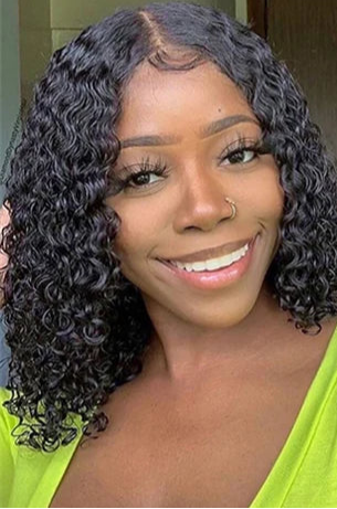 Deep Wave Curly Short Bob Wig – 100% Human Hair, Pre-Plucked Lace, 180%-200% Density, Natural Black