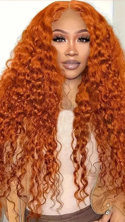 Orange Ginger Curly Lace Front Wig – 13x6/13x4 HD Remy Human Hair, Long Length (26+ inches), Pre-Plucked Hairline