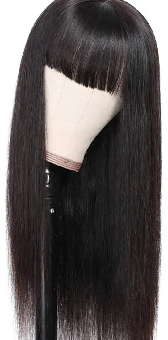 Straight Human Hair Wig with Bangs – 100% Virgin Hair, Natural Black, 14-26 Inches