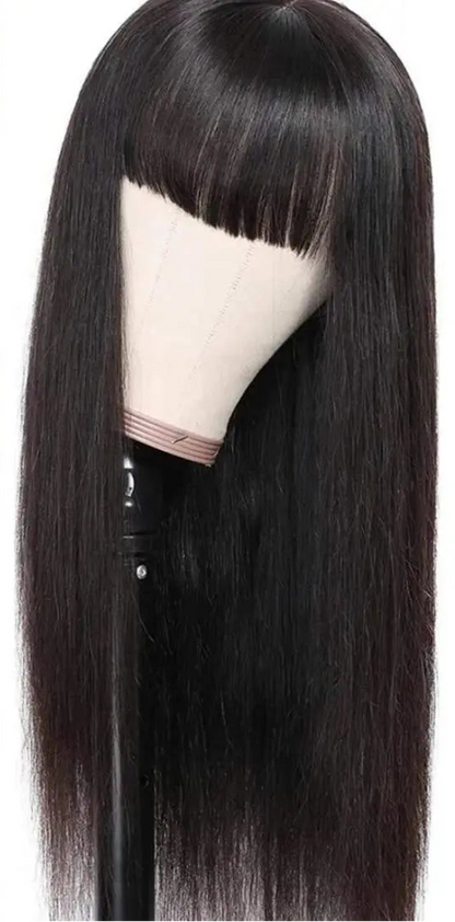 Straight Human Hair Wig with Bangs – 100% Virgin Hair, Natural Black, 14-26 Inches