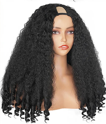 V Part Afro Curly Wig - 26+ Inch, High Temp Fiber, No Glue, Easy Install, 250% Density, Lightweight