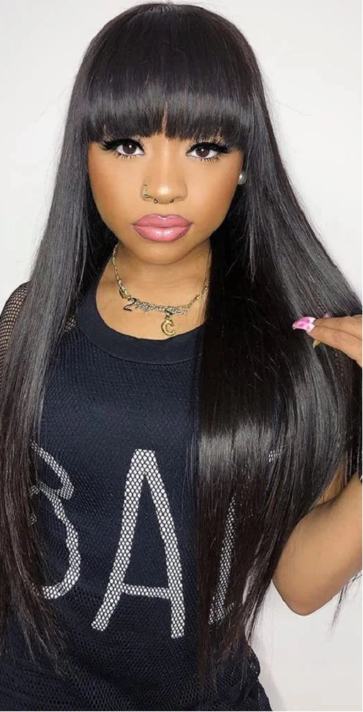 Premium Straight Human Hair Wig with Bangs – Transparent Lace, Natural Hairline & 30-36 Inch Length