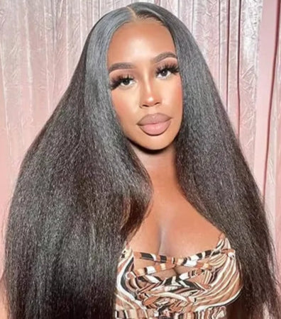 360 Lace Front Kinky Straight Human Hair Wig – Natural Look, Long 26+ Inches, Transparent Swiss Lace