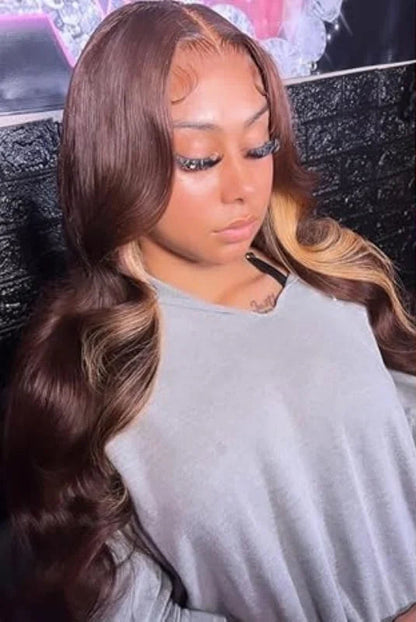 Chocolate Brown & Blonde Highlight Body Wave Synthetic Lace Front Wig – 180% Density, Heat-Resistant, Pre-Plucked
