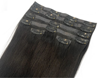 Seamless Clip-In Hair Extensions – 100% Virgin Indian Straight Hair, No Chemicals, 6pcs/Set, Natural Black