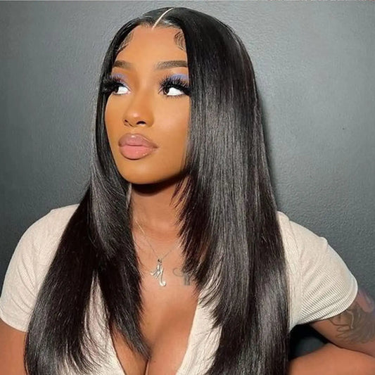 Straight Layered Lace Front Synthetic Wig – T-Part Glueless Design with Natural Pre-Plucked Hairline