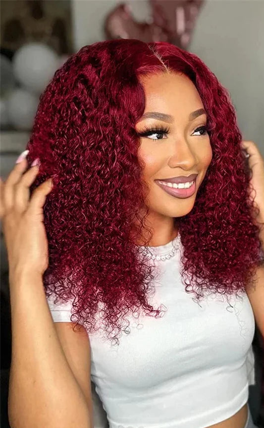 99J Burgundy Water Wave Lace Front Bob Wig – 100% Human Hair, Pre-Plucked, 13x4 Lace Closure