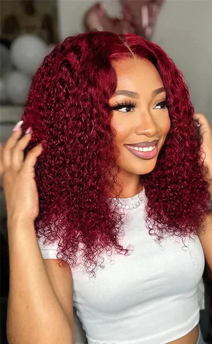 99J Burgundy Water Wave Lace Front Bob Wig – 100% Human Hair, Pre-Plucked, 13x4 Lace Closure