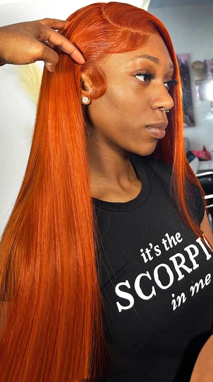 Orange Ginger Straight Human Hair Lace Front Wig – HD Transparent 13x4 & 13x6 Lace Frontal Wig
