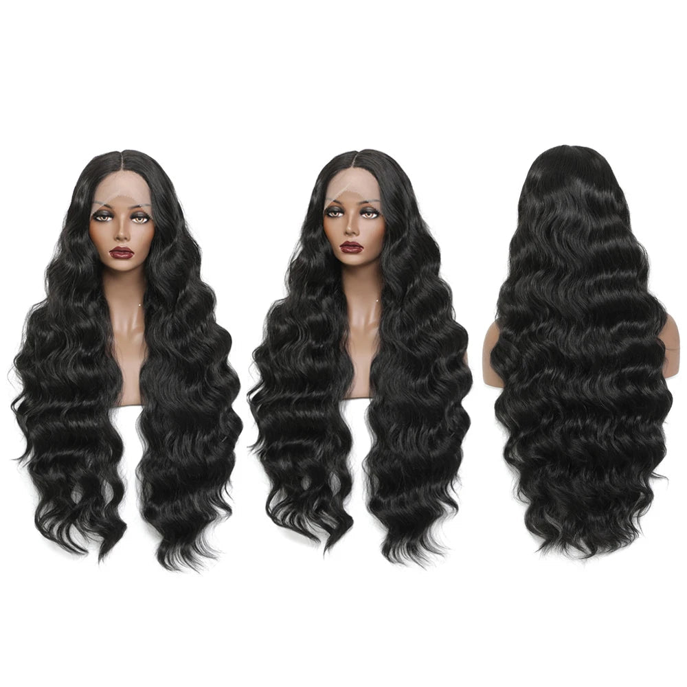 30-32 Inch Wavy Lace Front Wig – High-Temperature Fiber, Natural Style with Middle, Side & Free Parting Options