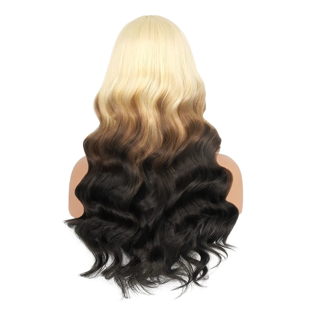 Chocolate Brown & Blonde Highlight Body Wave Synthetic Lace Front Wig – 180% Density, Heat-Resistant, Pre-Plucked