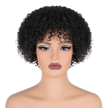 Short Jerry Curl Wig – 100% Virgin Human Hair, Afro Kinky Curly Wig with Bangs, 6-Inch Bob Style