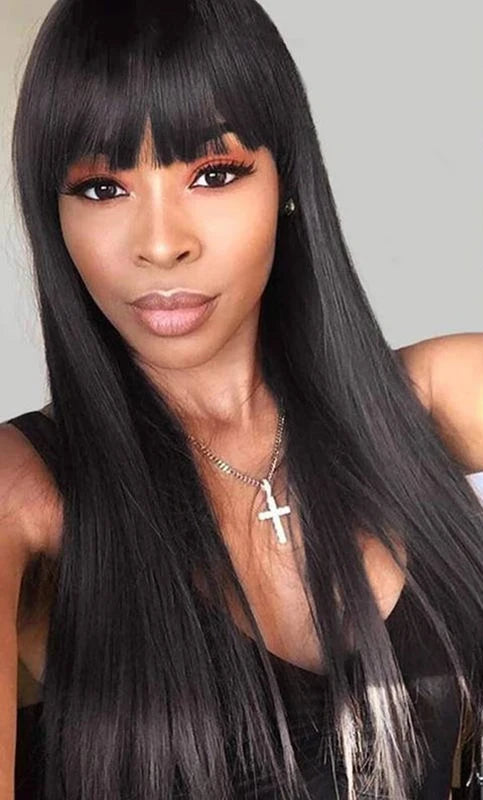 Straight Human Hair Wig with Bangs – 13x4 Lace Front & 5x5 Lace Closure, HD Transparent Lace, 180% Density, Pre-Plucked, Ready to Wear