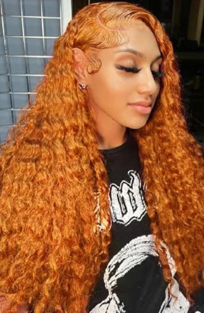 26+ Inch Curly Human Hair Wig – 350# Orange Ginger, HD Lace Front, Pre-Plucked with Baby Hair