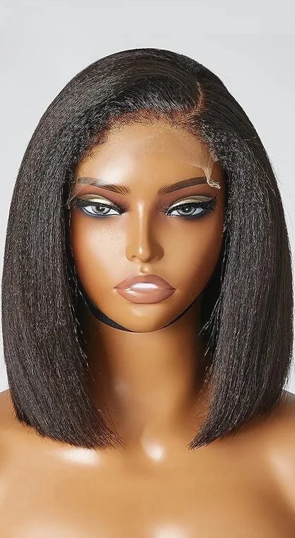Kinky Straight Bob Wig with Pre-Plucked 4C Edges – 100% Hair, 4x4/13x4 Lace Frontal, Natural Black