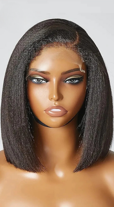 Kinky Straight Bob Wig with Pre-Plucked 4C Edges – 100% Brazilian Remy Hair, 4x4/13x4 Lace Frontal, Natural Black