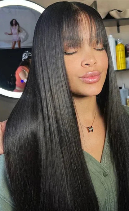 200% Density Long Straight Human Hair Wig – 26+ Inch Natural Black Wig with No Tangle or Shedding