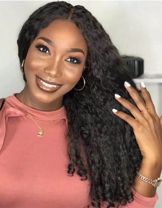 V Part Afro Curly Wig - 26+ Inch, High Temp Fiber, No Glue, Easy Install, 250% Density, Lightweight