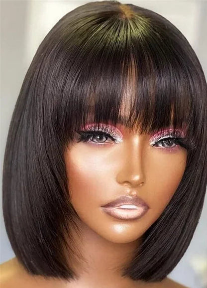 100% Straight Human Hair Bob Wig with Bangs – Realistic Scalp, Lightweight, Adjustable Cap Size