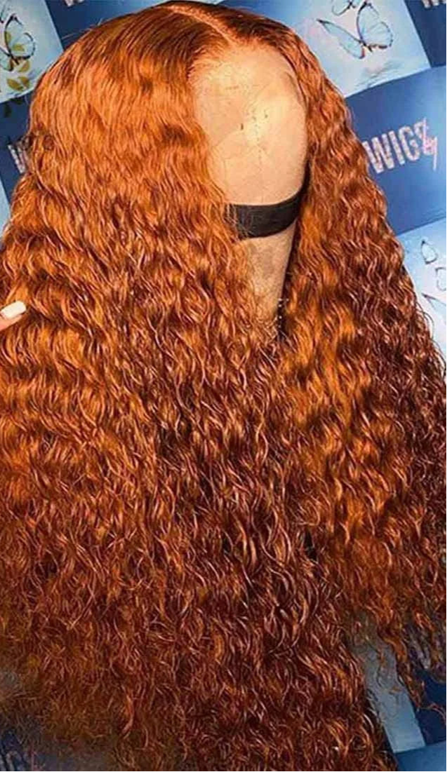 26+ Inch Curly Human Hair Wig – 350# Orange Ginger, HD Lace Front, Pre-Plucked with Baby Hair