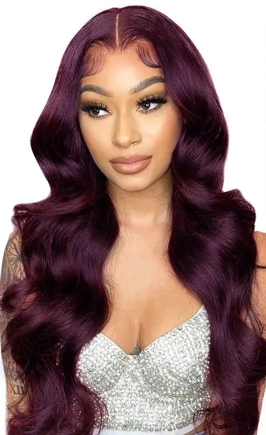 Deep Purple Body Wave Lace Front Wig – Dark Burgundy Glueless T-Part Synthetic Wig, Pre-Plucked Hairline, High-Quality, Affordable