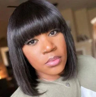 100% Straight Human Hair Bob Wig with Bangs – Realistic Scalp, Lightweight, Adjustable Cap Size