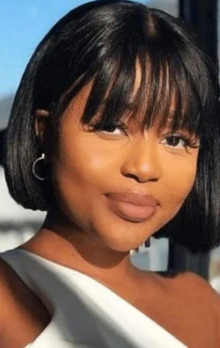 100% Straight Human Hair Bob Wig with Bangs – Realistic Scalp, Lightweight, Adjustable Cap Size