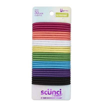 Scunci No Damage Elastic Hair Ties – 30 Pcs Assorted Colors