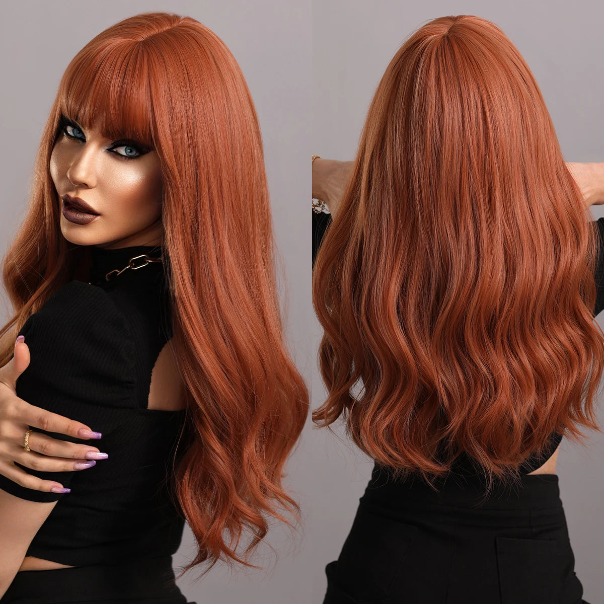 Long Wavy Purple Synthetic Wig with Bangs – Heat Resistant Cosplay Wig for Women, Daily Use & Party Style