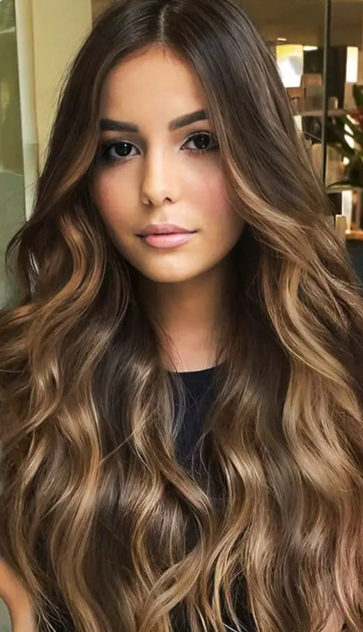 24-Inch Brunette Highlights Balayage Synthetic Clip-In Hair Extensions - Body Wave, Tangle-Free & Silky Smooth