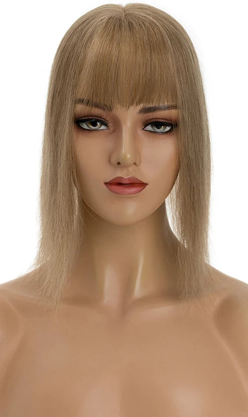 Premium Human Hair Topper with Bangs | Straight Silk Base 100% Real Hair