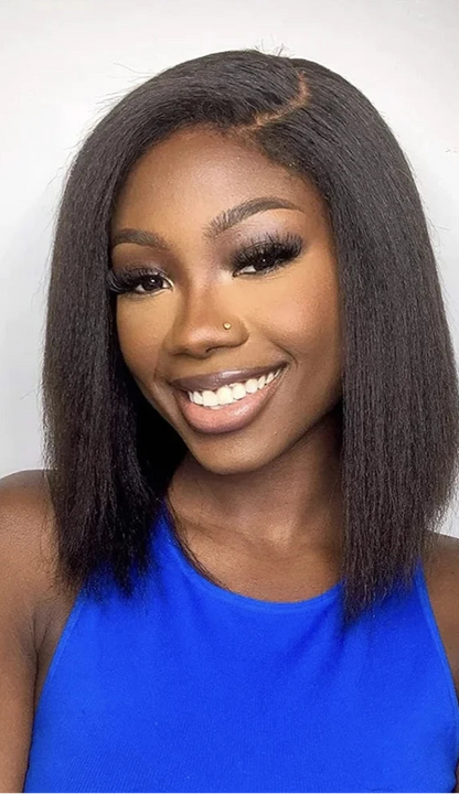 Kinky Straight Bob Wig with Pre-Plucked 4C Edges – 100% Hair, 4x4/13x4 Lace Frontal, Natural Black