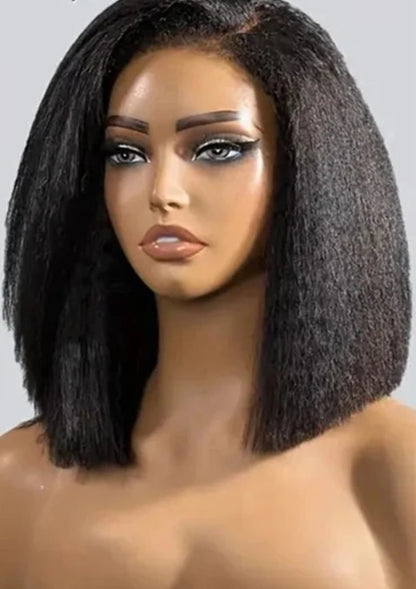 Kinky Straight Bob Wig with Pre-Plucked 4C Edges – 100% Hair, 4x4/13x4 Lace Frontal, Natural Black